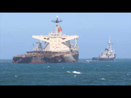 There she goes! The aft section of the MV Smart had lifted significantly by Saturday as her buoyancy increased and at mid-afternoon the powerful super tug Smit Amandla succeeded in pulling it free and towing it to its watery grave 28 miles east of the harbour PHOTO: Dave Savides