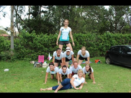 The Bar Rangers team that ended fourth overall in the ladies section had the best team spirit all season long and demonstrated 'the human tower' at the touch rugby finals on Saturday afternoon at Mick Kelly Park. (Top) Melissa Campher, (middle) Nadia Campher, Celia Botha and Kelly Squires, (bottom) Teressa Springorum, Carla Oosthuizen, Karli Schulze and Danielle Schulze and (front) Jade Dafel PHOTO: Roxi Walmsley