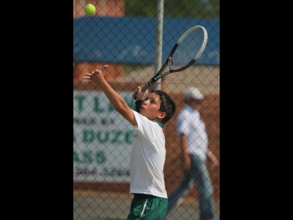 Felixton College pupil Antonis Patinios lines up a monster serve which resulted in an ace during the Empangeni Zonal tennis trials held at Heuwelland Primary School on Monday PHOTOS: Richard Springorum