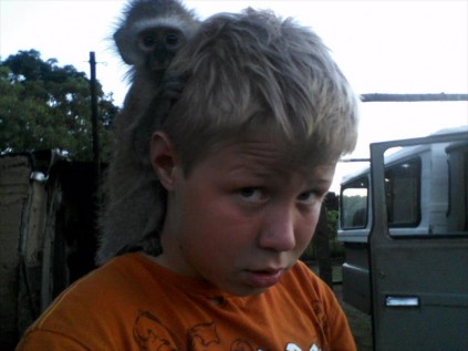 Monkeydoo's favourite spot was on my son Tristan's shoulder