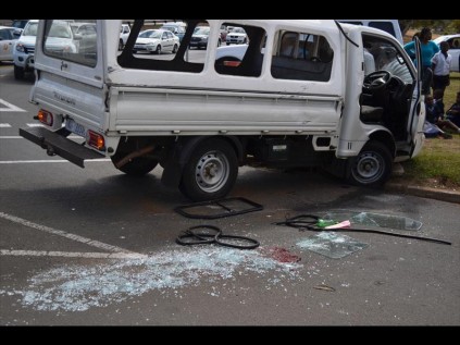 The Hyundai bakkie transporting 15 primary school children after the crash on Monday afternoon PHOTOS: Steven Makhanya