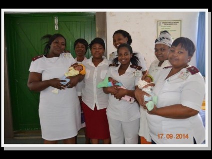 Sister Dhladhla, Thandazile Mchunu, Social worker Ntombifuthi Nxumalo, Staff Nurse Magwaza, Sister Sokhela, proud mother Zandile Ntuli and Sister Xulu show off their pride possessions