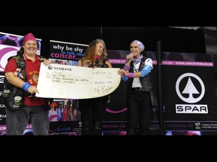 No Rules Motorcycle Club raised funds for the Cancer.vive Ride. Members Nicolene and Karen Pretorius hand over a cheque to Cancer.vive Project Manager Adele du Plessis (right)