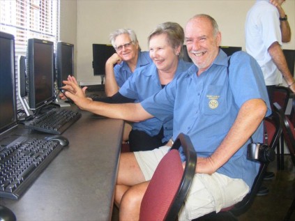 Empangeni Rotary Club members Graham Gray, Marie de Matters and Brian Roberts try out the new computers at the opening of the Rotary IT Centre on Tuesday. PHOTO; Andrew Cornew