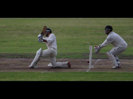 Gary Park bottom-edges the ball onto his wickets