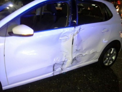 The badly damaged VW Polo after the collision with a motorbike