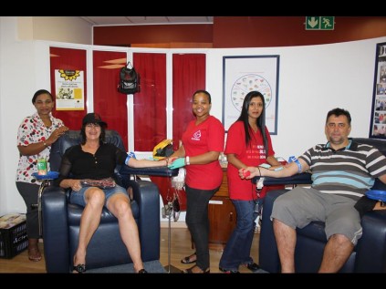 Local donors, Marina Barnard and Louis Nel (seated) donated their 49th and 65th pint of blood respectively. With them are donor centre staff - Thabi Mngadi, Nothando Gcaleka and Linda Govender