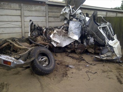 The mangled wreck from a head-on collision last week in which iSimangaliso employees, Herbert Mthembu and Thembi Buthelezi, tragically died PHOTO: Supplied