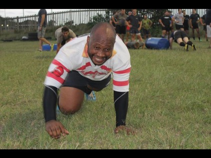 Jabu Hlabangane pushed himself through the crawling section drill on the fitness circuit laid out on Thursday evening PHOTOS: Richard Springorum