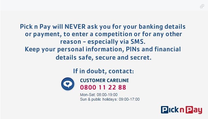 Pick n Pay posted this warning on their Facebook page.