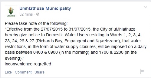 A screenshot of the post on the Umhlathuze Municipality Facebook page.