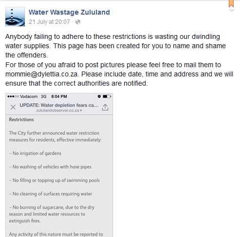 A screenshot of a post on the Water Wastage Zululand page