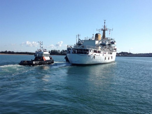 SA Navy hydrographic survey vessel Protea is guided into the Port of Richards Bay on Monday morning