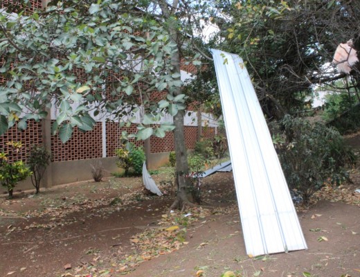 Corrugated iron roof sheets blown off the roof of a block of flats on Turnbull Road in Empangeni
