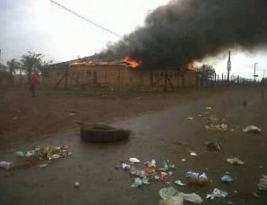 A photo taken by a reader of the burning hall