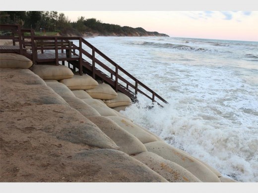 The geobag retaining wall easily absorbed the incoming waves during the week’s spring high tides...