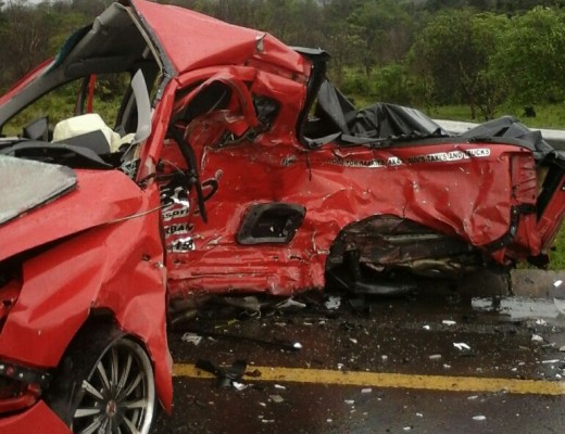 The red Chevrolet bakkie that was involved in a crash this morning on the N2