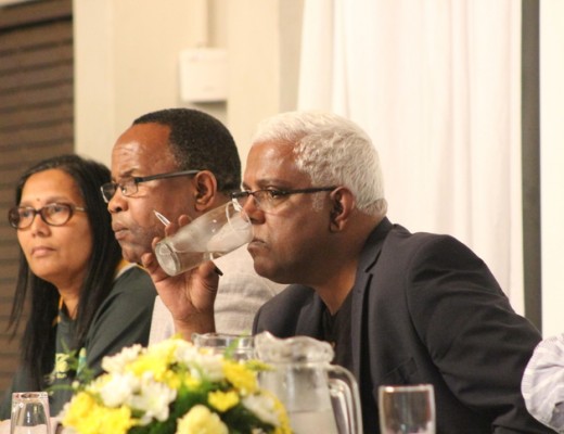 uThungulu District Councillor Nellenie Naidoo, KZN head of Civilian Secretariat for Police Musheni Mnqayi and KZN MEC for Public Works and Human Settlements Ravi Pillay listen to a resident speak about her issues with police response and crime