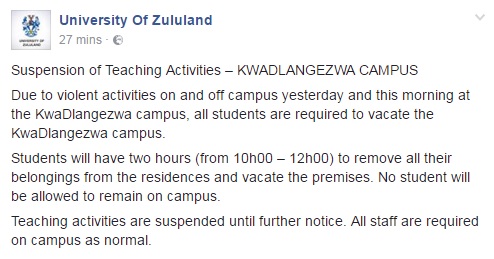 Caption – A post on the University of Zululand Facebook page just after 10am on Tuesday morning