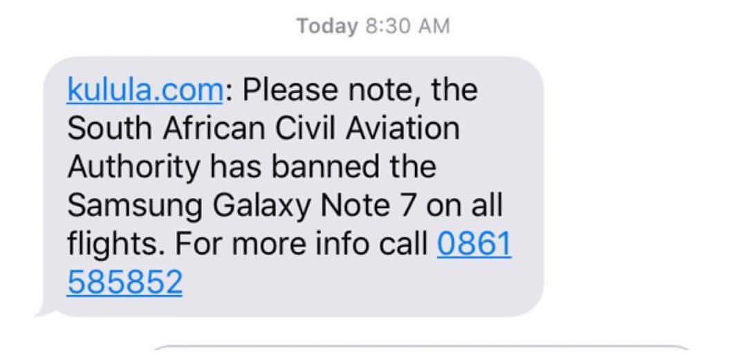 A screenshot of the SMS sent out by Kulula Airline warnign customers not to carry the Samsung Note 7 on its flights