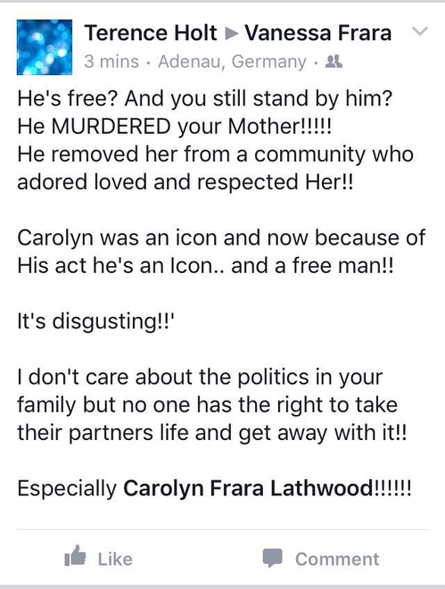 An example of online abuse suffered by Vanessa Marx who has stood by her father throughout his trial. This message was posted on Tuesday night, hours after news broke of the acquittal