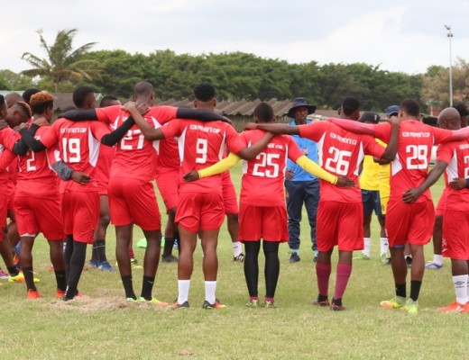 Focusing on the job at hand was the theme of the pre-practice motivational talk from Roger Sikhakhane (in blue) on Tuesday as the Amabhbesi warriors prepare for the second half of the season